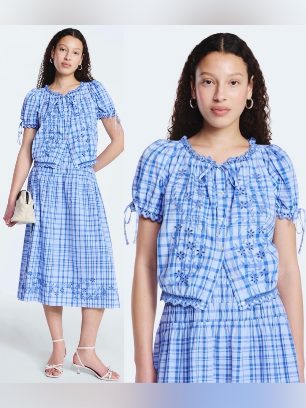 Free Assembly Embroidered Cropped Cotton Top Blue Plaid Women Cottagecore NWT